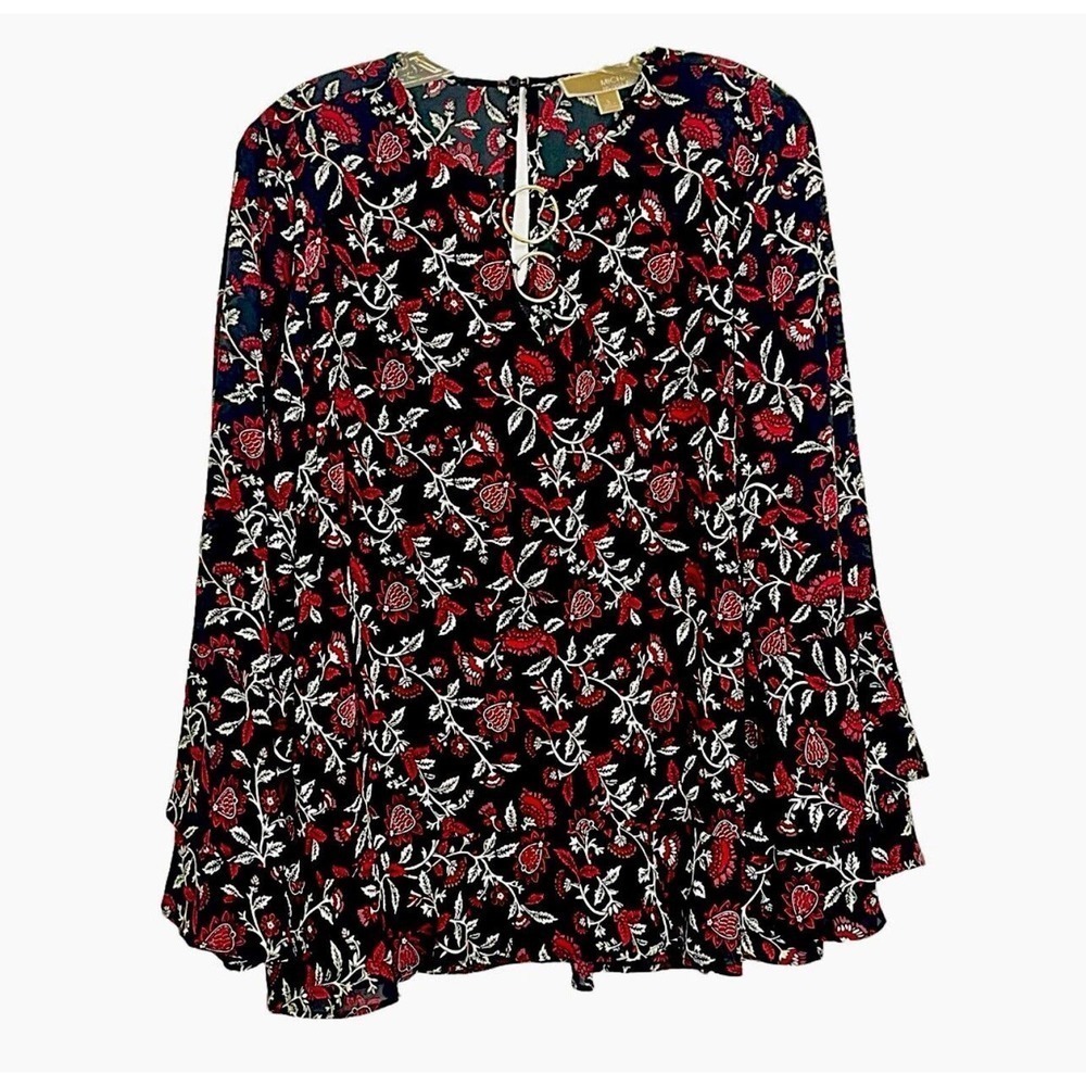 Michael Michael Kors Black White Burgundy Floral Peasant Bell Sl. Blouse Size L